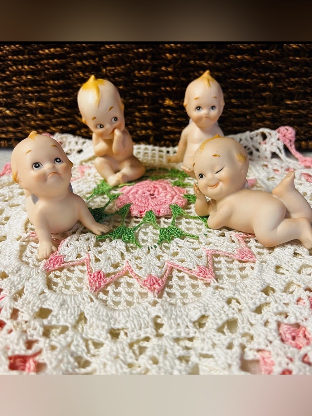 Vintage Set of 4 Bisque Porcelain Kewpie Figurines KW913 Lefton Piano Babies